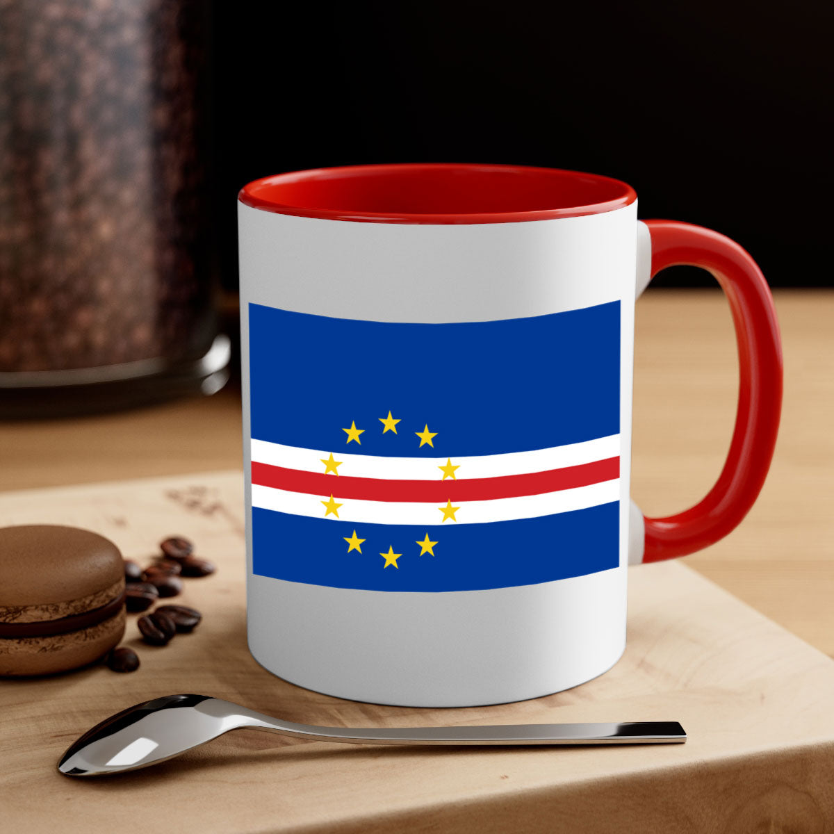 Cabo Verde 169# Mug featuring a glossy finish with a colorful handle and interior, available in multiple sizes.